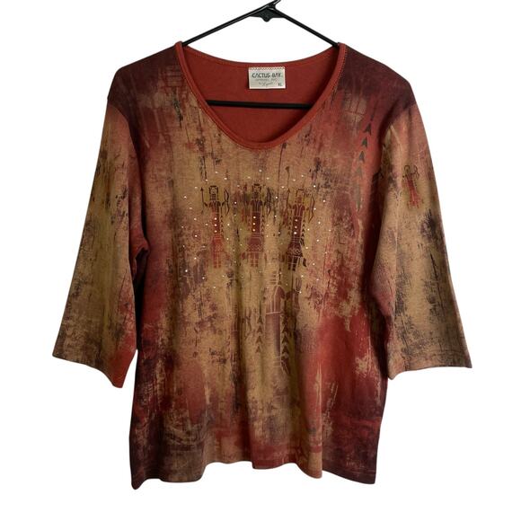 Cactus Top Womens Size XL Red Aztec Embellished Rhinestones Cotton Shirt Casual - Picture 1 of 9